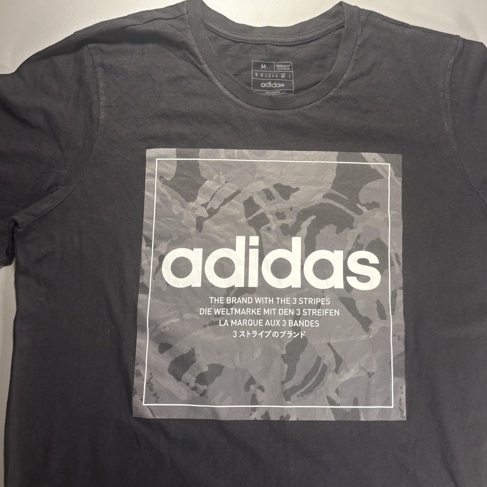Adidas Graphic T-Shirt Mens Medium Black Excellent Camo Box Logo Athletic